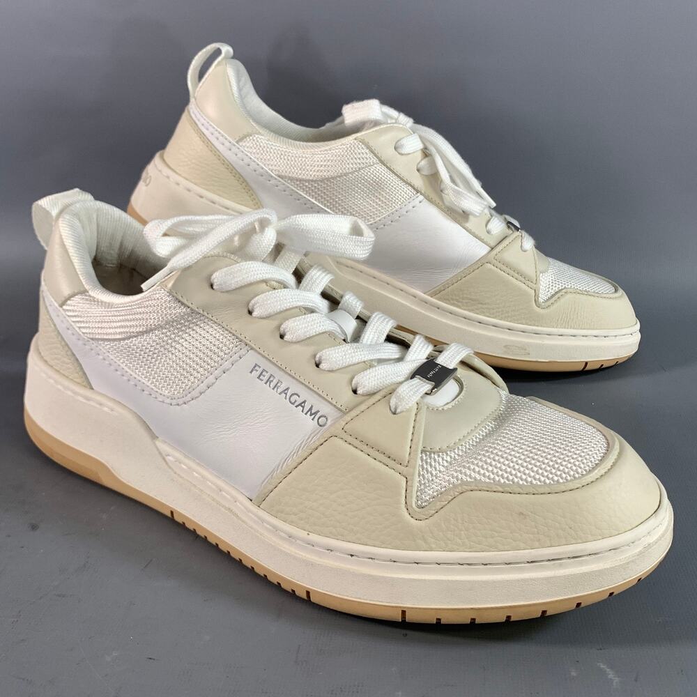 SALVATORE FERRAGAMO Size 12 White Beige Leather Lace Up Sneakers